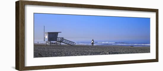 Rear View of a Surfer on the Beach, Santa Monica, Los Angeles County, California, USA-null-Framed Photographic Print