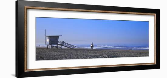 Rear View of a Surfer on the Beach, Santa Monica, Los Angeles County, California, USA-null-Framed Photographic Print