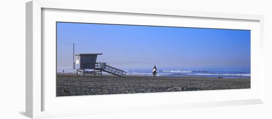 Rear View of a Surfer on the Beach, Santa Monica, Los Angeles County, California, USA-null-Framed Photographic Print