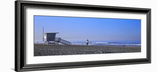 Rear View of a Surfer on the Beach, Santa Monica, Los Angeles County, California, USA-null-Framed Photographic Print