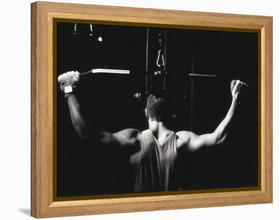 Rear View of a Young Man Exercise on a Lateral Pull-Down Weight Machine-null-Framed Premier Image Canvas