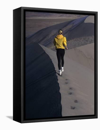Rear View of a Young Woman Running on a Sand Dune-null-Framed Premier Image Canvas