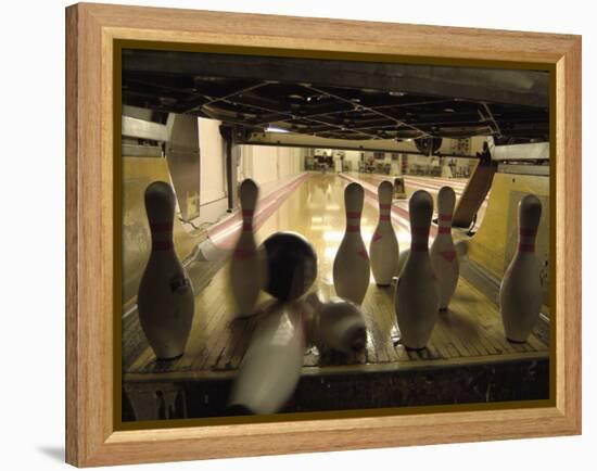 Rear View of Pins Being Struck by a Bowling Ball-null-Framed Premier Image Canvas