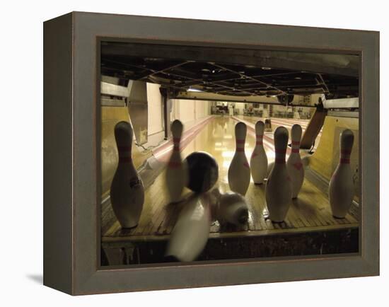 Rear View of Pins Being Struck by a Bowling Ball-null-Framed Premier Image Canvas