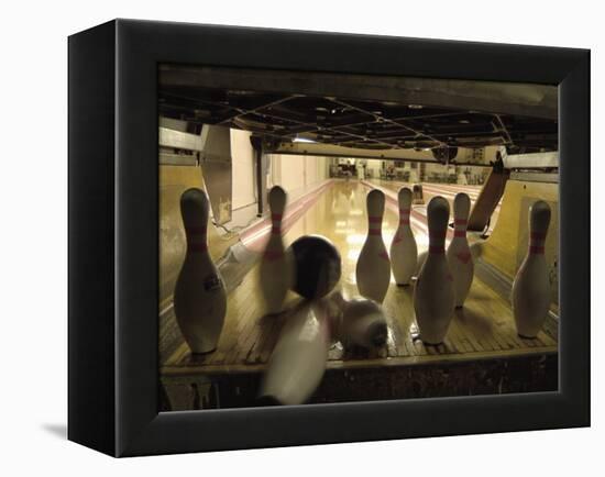 Rear View of Pins Being Struck by a Bowling Ball-null-Framed Premier Image Canvas