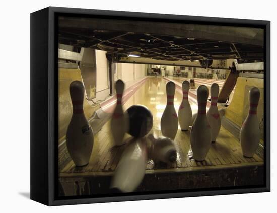 Rear View of Pins Being Struck by a Bowling Ball-null-Framed Premier Image Canvas