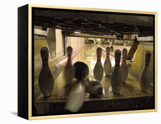 Rear View of Pins Being Struck by a Bowling Ball-null-Framed Premier Image Canvas