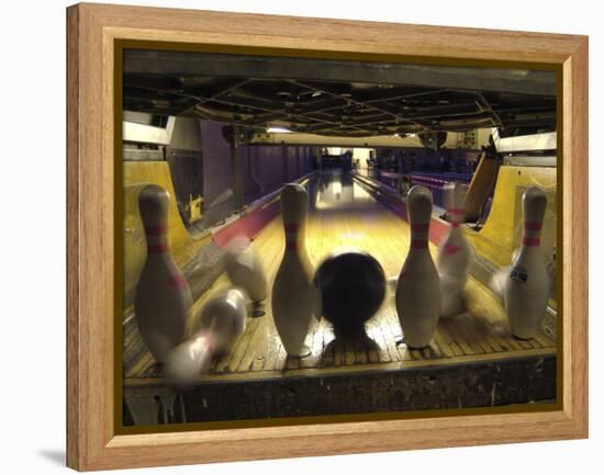 Rear View of Pins Being Struck by a Bowling Ball-null-Framed Premier Image Canvas