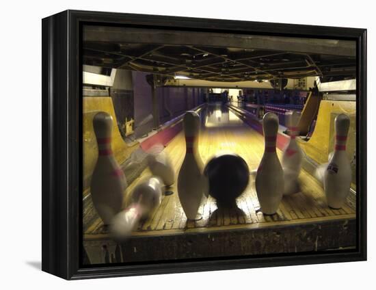 Rear View of Pins Being Struck by a Bowling Ball-null-Framed Premier Image Canvas