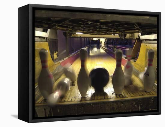Rear View of Pins Being Struck by a Bowling Ball-null-Framed Premier Image Canvas