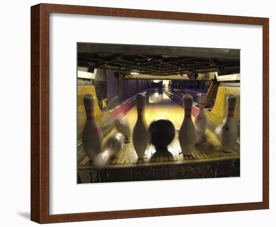 Rear View of Pins Being Struck by a Bowling Ball-null-Framed Photographic Print