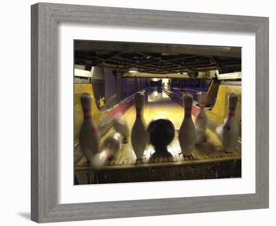 Rear View of Pins Being Struck by a Bowling Ball-null-Framed Photographic Print