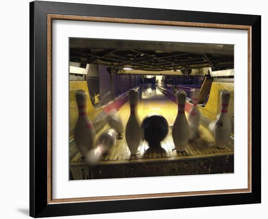 Rear View of Pins Being Struck by a Bowling Ball-null-Framed Photographic Print