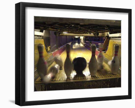 Rear View of Pins Being Struck by a Bowling Ball-null-Framed Photographic Print