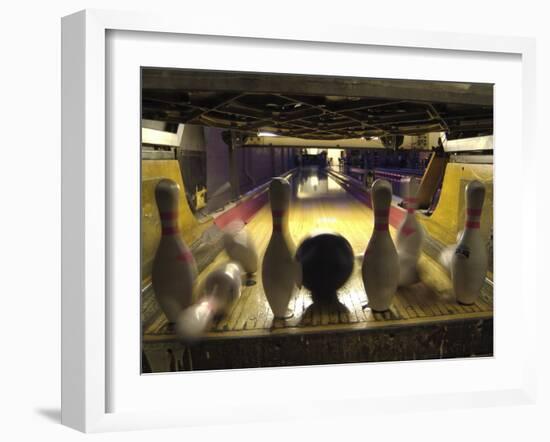 Rear View of Pins Being Struck by a Bowling Ball-null-Framed Photographic Print