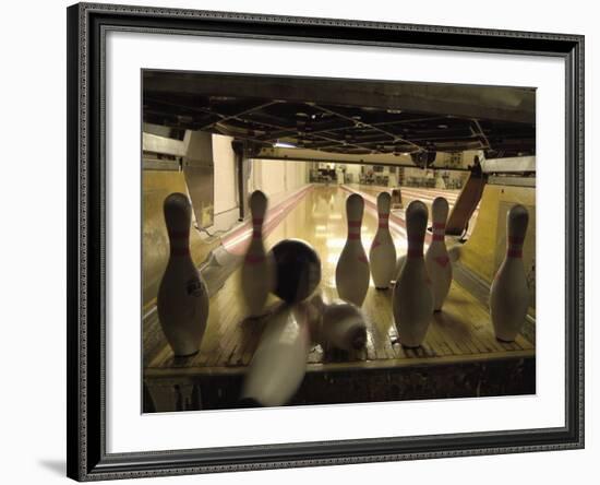 Rear View of Pins Being Struck by a Bowling Ball-null-Framed Photographic Print