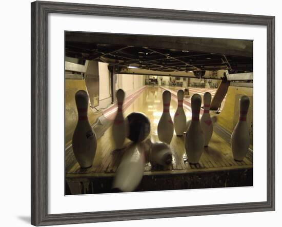 Rear View of Pins Being Struck by a Bowling Ball-null-Framed Photographic Print