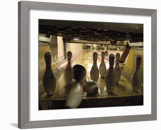 Rear View of Pins Being Struck by a Bowling Ball-null-Framed Photographic Print