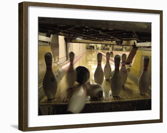 Rear View of Pins Being Struck by a Bowling Ball-null-Framed Photographic Print