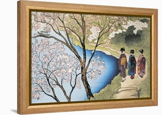 Rear View of Three Girls Walking on a Trail at Lakeside, Arashiyama, Kyoto Prefecture, Japan-null-Framed Premier Image Canvas