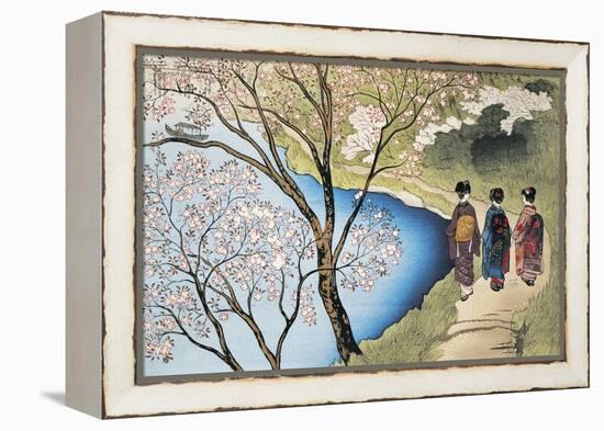Rear View of Three Girls Walking on a Trail at Lakeside, Arashiyama, Kyoto Prefecture, Japan-null-Framed Premier Image Canvas