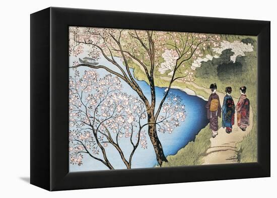 Rear View of Three Girls Walking on a Trail at Lakeside, Arashiyama, Kyoto Prefecture, Japan-null-Framed Premier Image Canvas