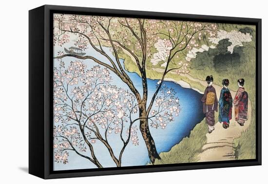 Rear View of Three Girls Walking on a Trail at Lakeside, Arashiyama, Kyoto Prefecture, Japan-null-Framed Premier Image Canvas