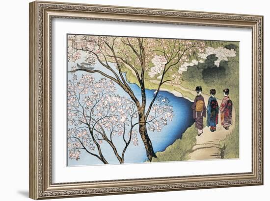 Rear View of Three Girls Walking on a Trail at Lakeside, Arashiyama, Kyoto Prefecture, Japan-null-Framed Giclee Print