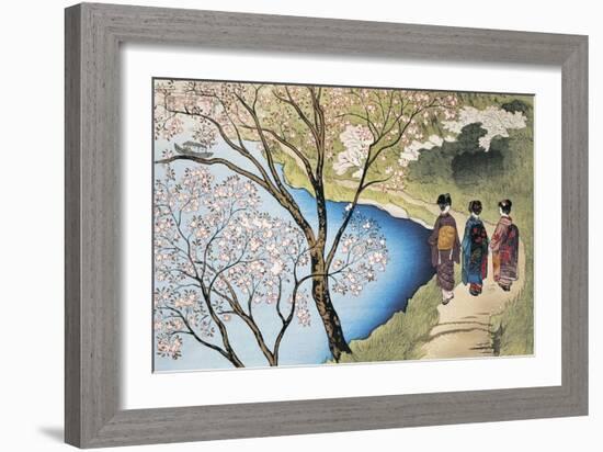 Rear View of Three Girls Walking on a Trail at Lakeside, Arashiyama, Kyoto Prefecture, Japan-null-Framed Giclee Print