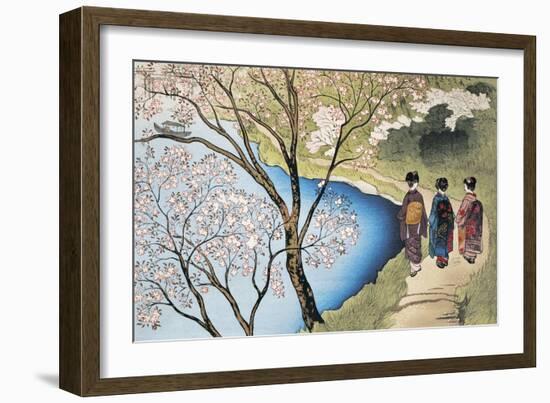 Rear View of Three Girls Walking on a Trail at Lakeside, Arashiyama, Kyoto Prefecture, Japan-null-Framed Giclee Print