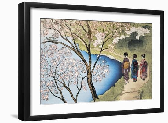Rear View of Three Girls Walking on a Trail at Lakeside, Arashiyama, Kyoto Prefecture, Japan-null-Framed Giclee Print