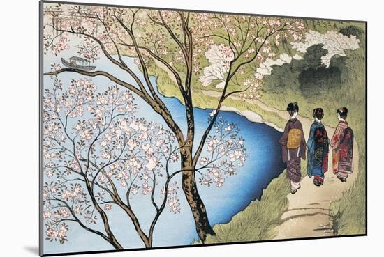 Rear View of Three Girls Walking on a Trail at Lakeside, Arashiyama, Kyoto Prefecture, Japan-null-Mounted Giclee Print