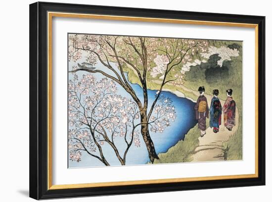 Rear View of Three Girls Walking on a Trail at Lakeside, Arashiyama, Kyoto Prefecture, Japan-null-Framed Giclee Print