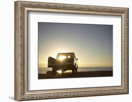 Rear View of Young Couple in Pick-Up Truck Parked in Front of Ocean Enjoying Sunset-Nosnibor137-Framed Photographic Print