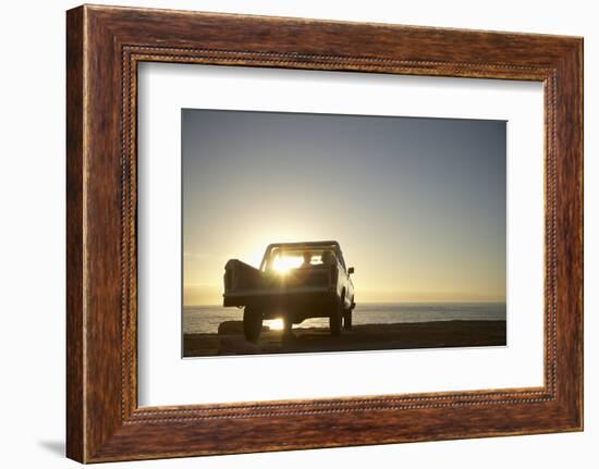 Rear View of Young Couple in Pick-Up Truck Parked in Front of Ocean Enjoying Sunset-Nosnibor137-Framed Photographic Print