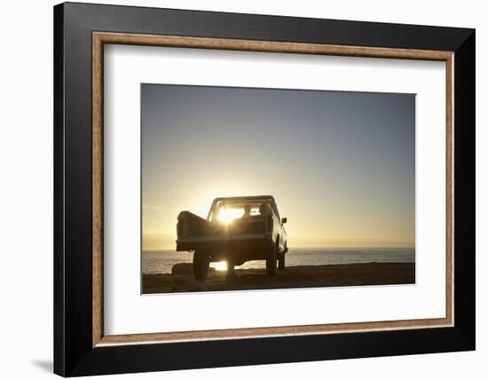 Rear View of Young Couple in Pick-Up Truck Parked in Front of Ocean Enjoying Sunset-Nosnibor137-Framed Photographic Print