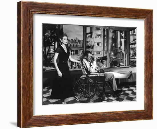 REAR WINDOW, 1954 directed by ALFRED HITCHCOCK Grace Kelly and James Stewart (b/w photo)-null-Framed Photo