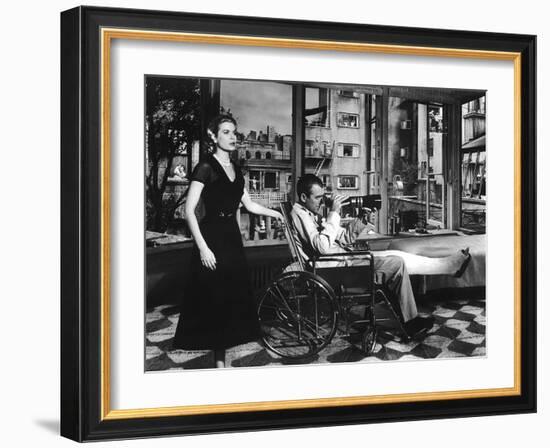 REAR WINDOW, 1954 directed by ALFRED HITCHCOCK Grace Kelly and James Stewart (b/w photo)-null-Framed Photo