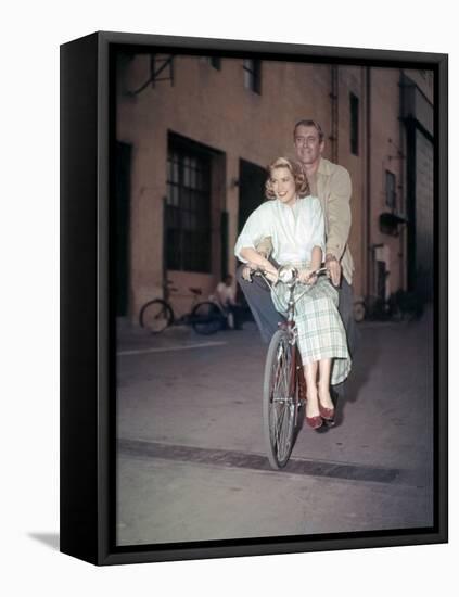 REAR WINDOW, 1954 directed by ALFRED HITCHCOCK On the set, Grace Kelly and James Stewart (photo)-null-Framed Stretched Canvas