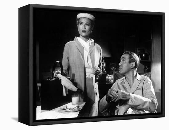 REAR WINDOW, 1954 directed byALFRED HITCHCOCK Grace Kelly and James Stewart (b/w photo)-null-Framed Stretched Canvas