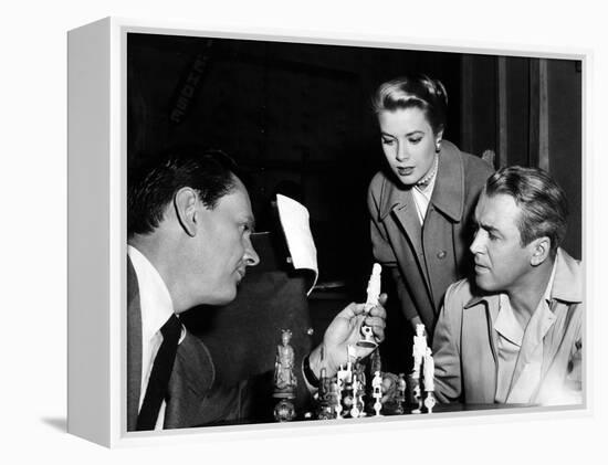 REAR WINDOW, 1954 directed byALFRED HITCHCOCK On the set, Wendell Corey, Grace Kelly and James Stew-null-Framed Stretched Canvas