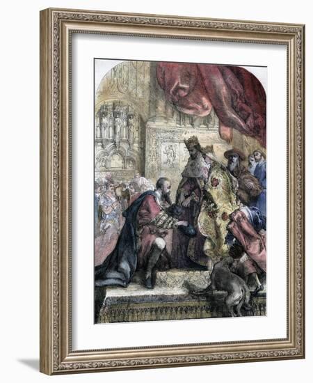 Reception of Columbus by Ferdinand and Isabella, Barcelona, 15th Century-Eugene Deveria-Framed Giclee Print