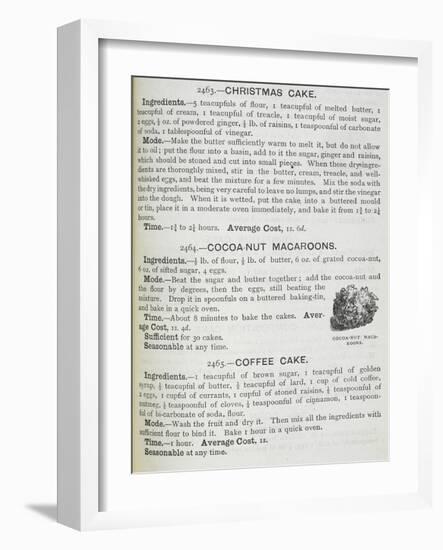 Recipes For Christmas Cake, Cocoa-nut Macaroons and Coffee Cake-Isabella Beeton-Framed Giclee Print