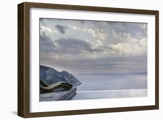 Recliners on Stone Patio Overlooking the Coast and Next to the Pool, Mani, Greece-George Meitner-Framed Photographic Print