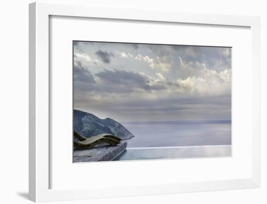 Recliners on Stone Patio Overlooking the Coast and Next to the Pool, Mani, Greece-George Meitner-Framed Photographic Print