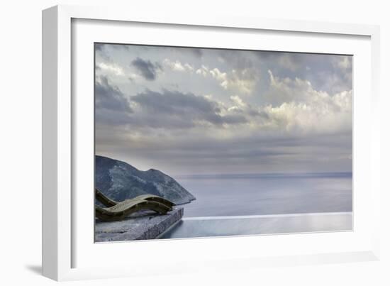 Recliners on Stone Patio Overlooking the Coast and Next to the Pool, Mani, Greece-George Meitner-Framed Photographic Print