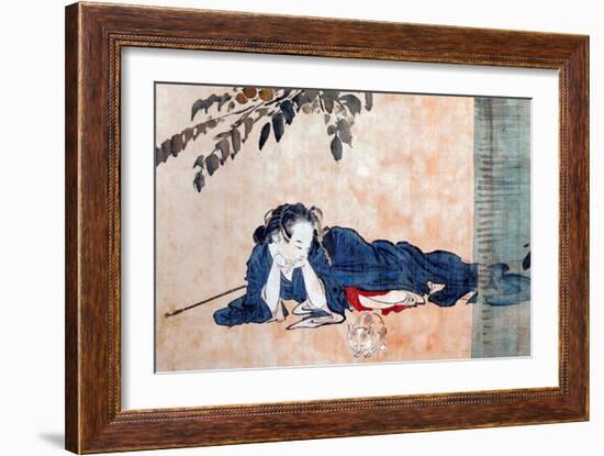 Reclining Beauty and Cat-Kyosai Kawanabe-Framed Giclee Print