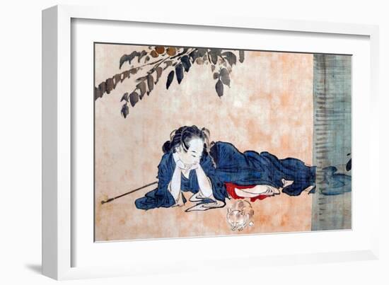 Reclining Beauty and Cat-Kyosai Kawanabe-Framed Giclee Print