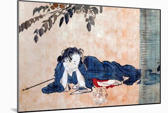 Reclining Beauty and Cat-Kyosai Kawanabe-Mounted Giclee Print