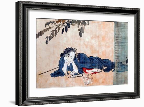 Reclining Beauty and Cat-Kyosai Kawanabe-Framed Giclee Print